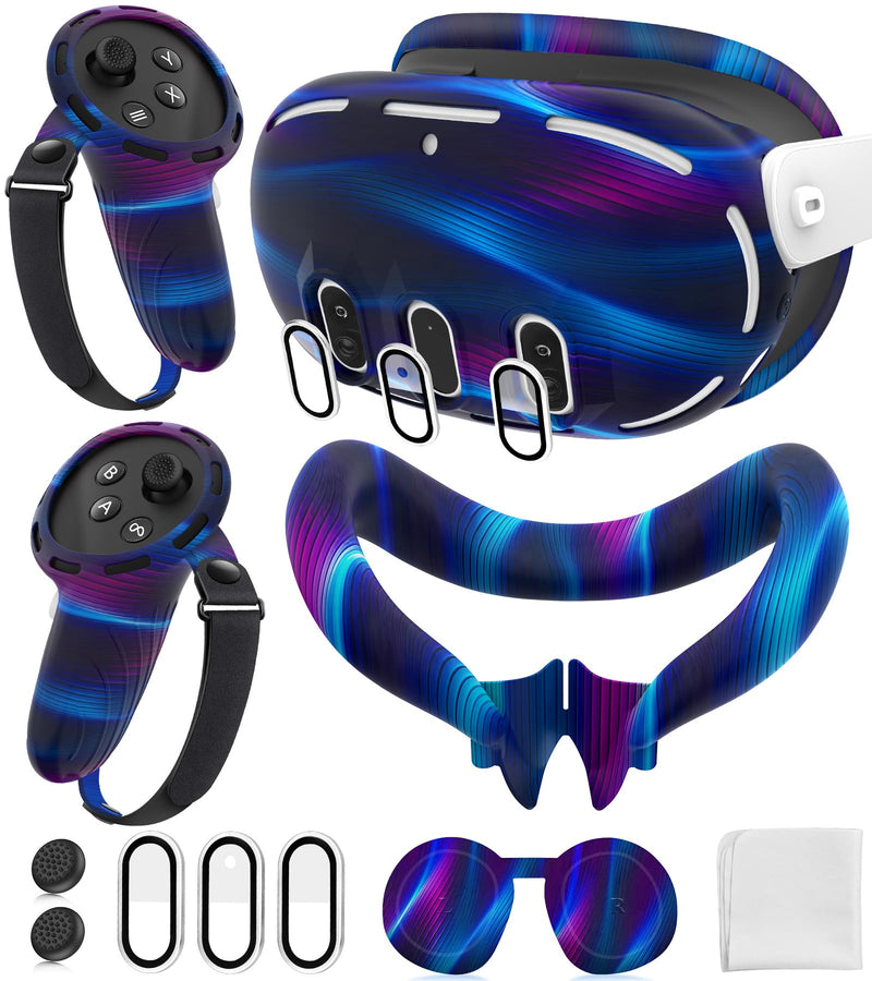 Silicone Cover Set Compatible with Oculus/Meta Quest 3, Touch Controller Grips Cover, VR Shell Cover, Facial Interface Cover, Protective Lens Cover, Tempered Glass Lens Caps (Aurora Blue) Aurora Blue