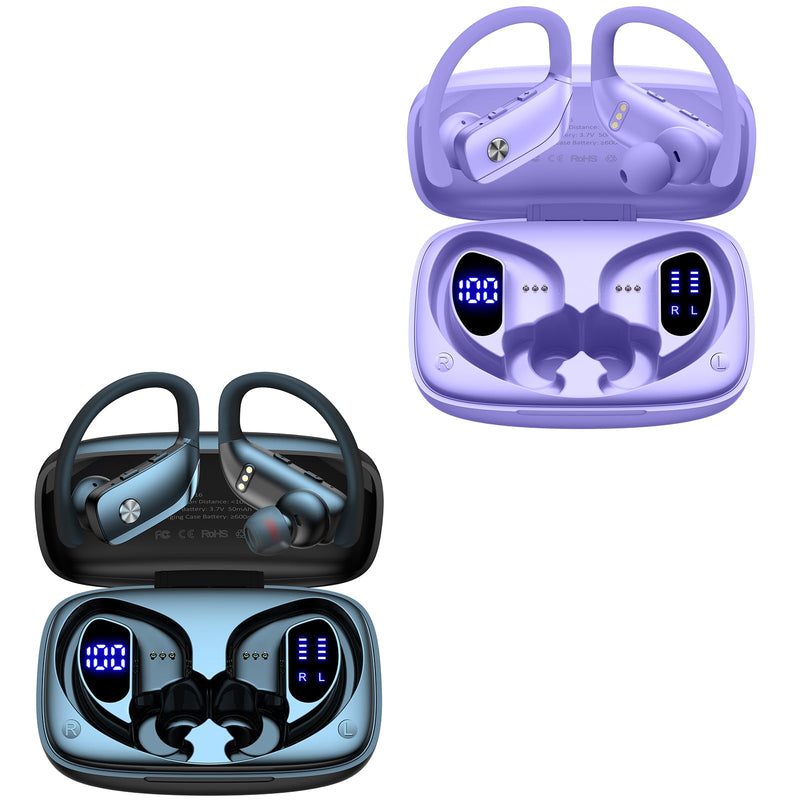 bmani 2 Sets Wireless Earbuds Bluetooth Headphones 48hrs Play Back Sport Earphones with LED Display Over-Ear Buds with Earhooks Built-in Mic Headset for Workout Black + Puple