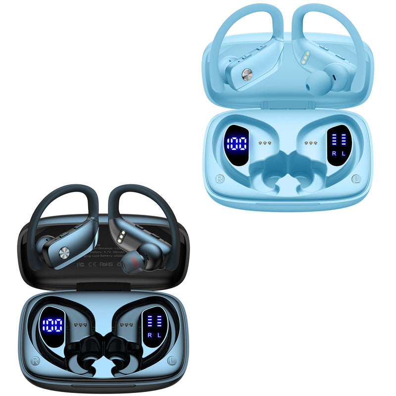 2 Sets Wireless Earbuds Bluetooth Headphones 48hrs Play Back Sport Earphones with LED Display Over-Ear Buds with Earhooks Built-in Mic Headset for Workout Black + Sky Blue