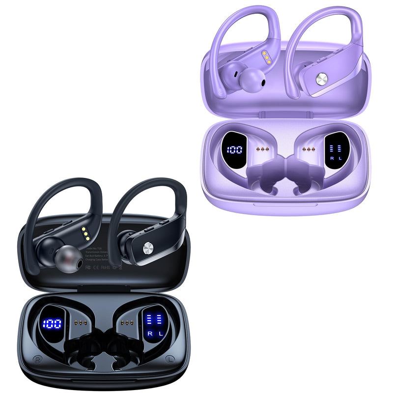 bmani 2 Sets Wireless Earbuds Bluetooth Headphones 48hrs Play Back Sport Earphones with LED Display Over-Ear Buds with Earhooks Built-in Mic Headset for Workout Black + Purple