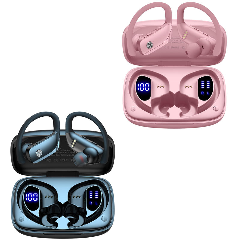 bmani 2 Sets Wireless Earbuds Bluetooth Headphones 48hrs Play Back Sport Earphones with LED Display Over-Ear Buds with Earhooks Built-in Mic Headset for Workout Black + Pink