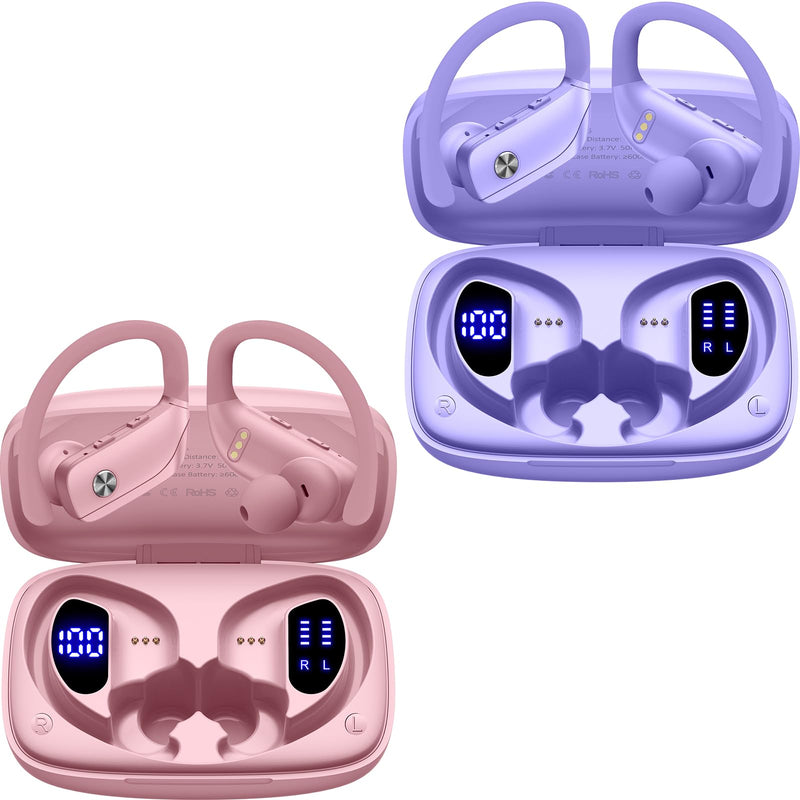 bmani 2 Sets Wireless Earbuds Bluetooth Headphones 48hrs Play Back Sport Earphones with LED Display Over-Ear Buds with Earhooks Built-in Mic Headset for Workout Pink+Purple