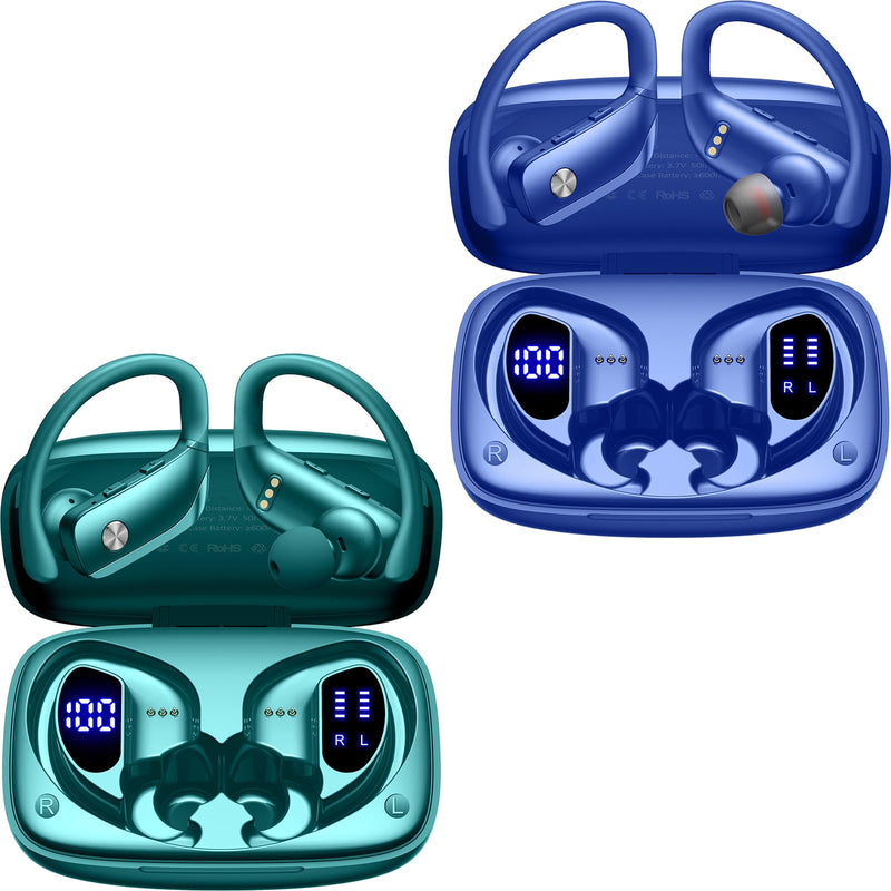bmani 2 Sets Wireless Earbuds Bluetooth Headphones 48hrs Play Back Sport Earphones with LED Display Over-Ear Buds with Earhooks Built-in Mic Headset for Workout Green+Blue