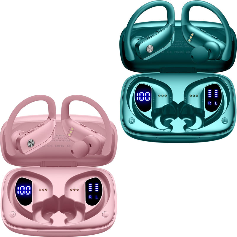 bmani 2 Sets Wireless Earbuds Bluetooth Headphones 48hrs Play Back Sport Earphones with LED Display Over-Ear Buds with Earhooks Built-in Mic Headset for Workout Pink+Green