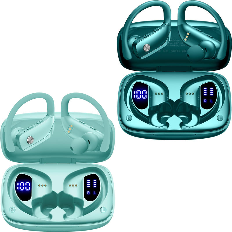 2 Sets Wireless Earbuds Bluetooth Headphones 48hrs Play Back Sport Earphones with LED Display Over-Ear Buds with Earhooks Built-in Mic Headset for Workout Mint Green+Green