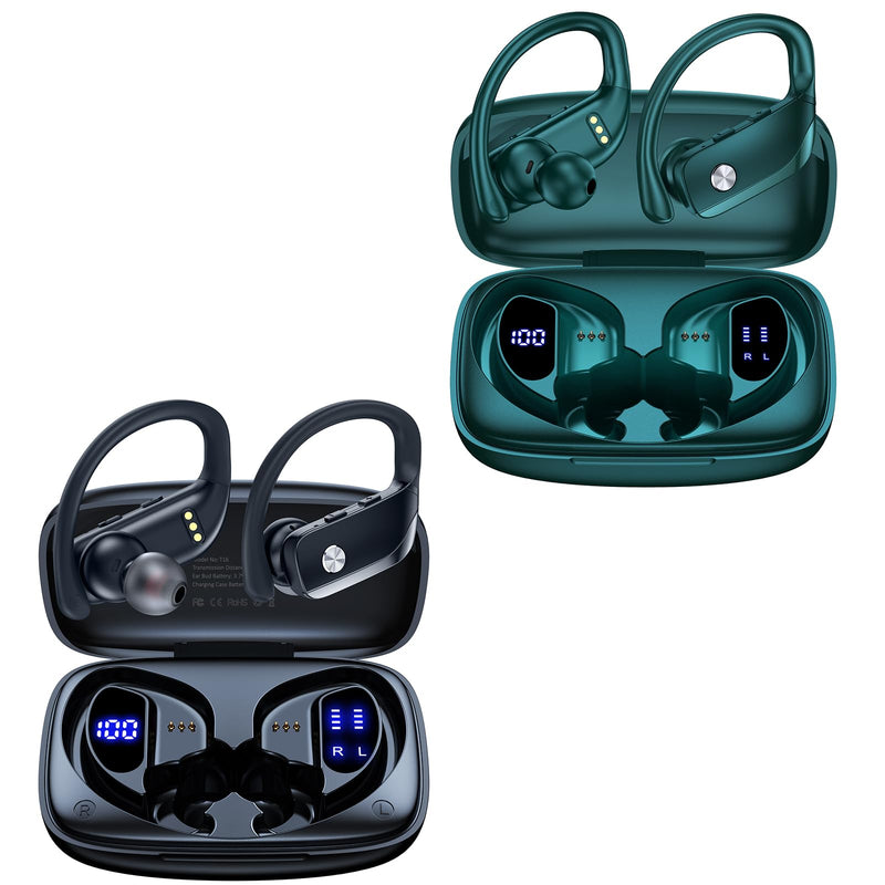 bmani 2 Sets Wireless Earbuds Bluetooth Headphones 48hrs Play Back Sport Earphones with LED Display Over-Ear Buds with Earhooks Built-in Mic Headset for Workout Black + Green