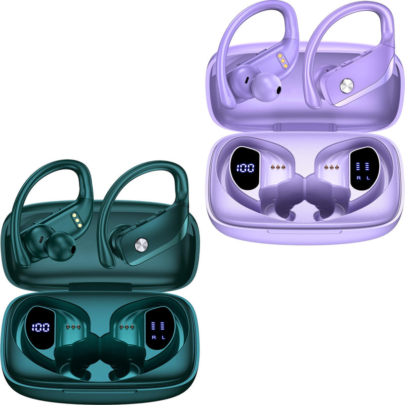 bmani 2 Sets Wireless Earbuds Bluetooth Headphones 48hrs Play Back Sport Earphones with LED Display Over-Ear Buds with Earhooks Built-in Mic Headset for Workout Green+Purple