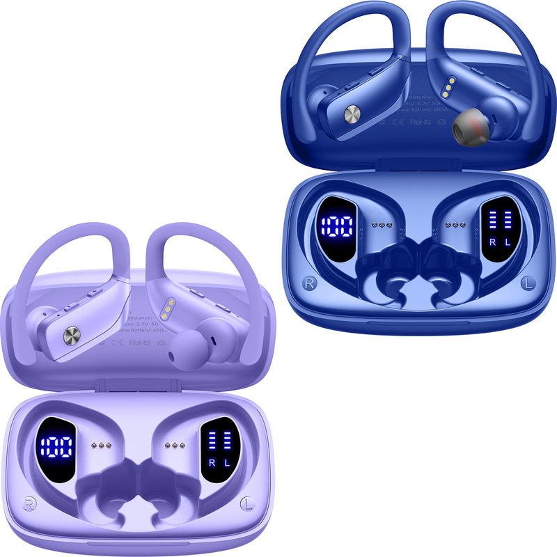 bmani 2 Sets Wireless Earbuds Bluetooth Headphones 48hrs Play Back Sport Earphones with LED Display Over-Ear Buds with Earhooks Built-in Mic Headset for Workout Purple+Blue