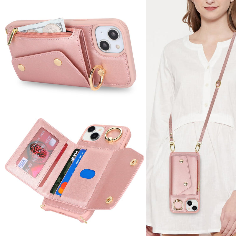 for iPhone 14 Case with Card Holder and Strap - Zipper Pocket,Crossbody Lanyard Strap,Credit Card Holder,Stand Ring,Cute Phone Wallet Case for Women(Rose Gold,6.1 Inch) A-Rose Gold