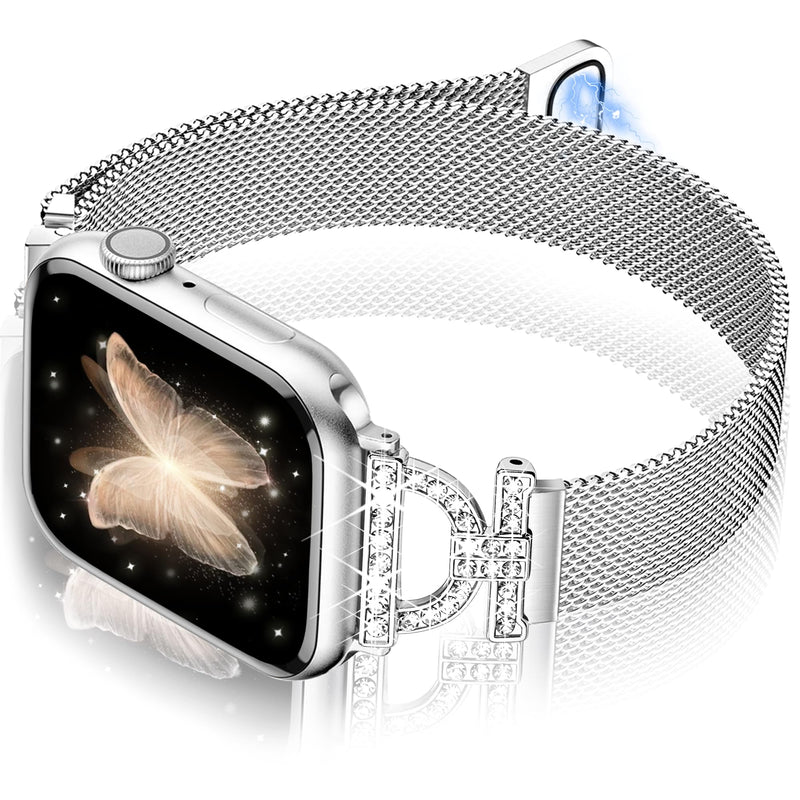 Magnetic Band Compatible with Apple Watch Bands for Women 42mm 44mm 45mm 49mm, Diamond Milanese Stainless Steel D-shaped Apple Watch Band for iWatch Bands Series 9/8/7/6/5/4/SE Ultra/Ultra 2