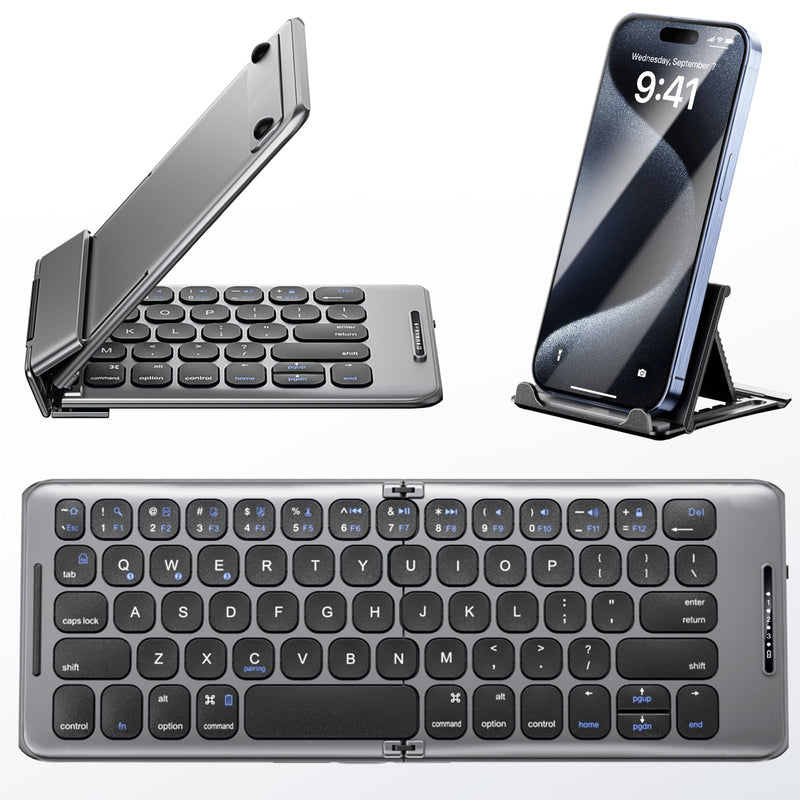 Foldable Bluetooth Keyboard with Stand Holder, Folding Keyboard Bluetooth Phone Keyboard, Rechargeable Ultra Slim Bluetooth Travel Keyboard for iOS, Android, Fit Phone Pad Tablet Laptop, B088