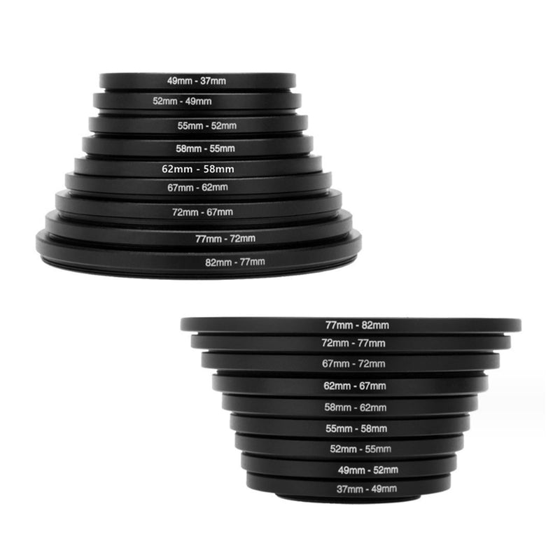 [AUSTRALIA] - Filter Ring Adapter Set 18 Pieces, Camera Lens Filter Stepping Rings Kit, Lightweight and Durable Aluminum, 9 Pcs Step Up Rings Set and 9 Pcs Step Down Rings Set, Black 