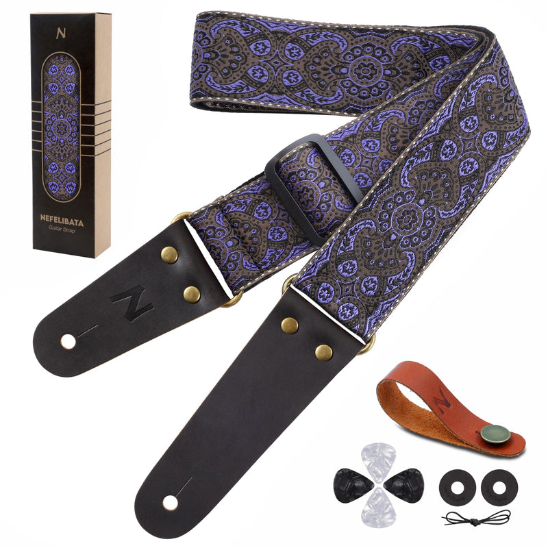 Nefelibata Guitar Strap, Vintage Embroidered Cotton Guitar Straps with Head Cowhide Leather Ends for Bass, Electric & Acoustic Guitars, with Free Strap Button, 1 Pair Strap Locks and 4 Guitar Picks Purple