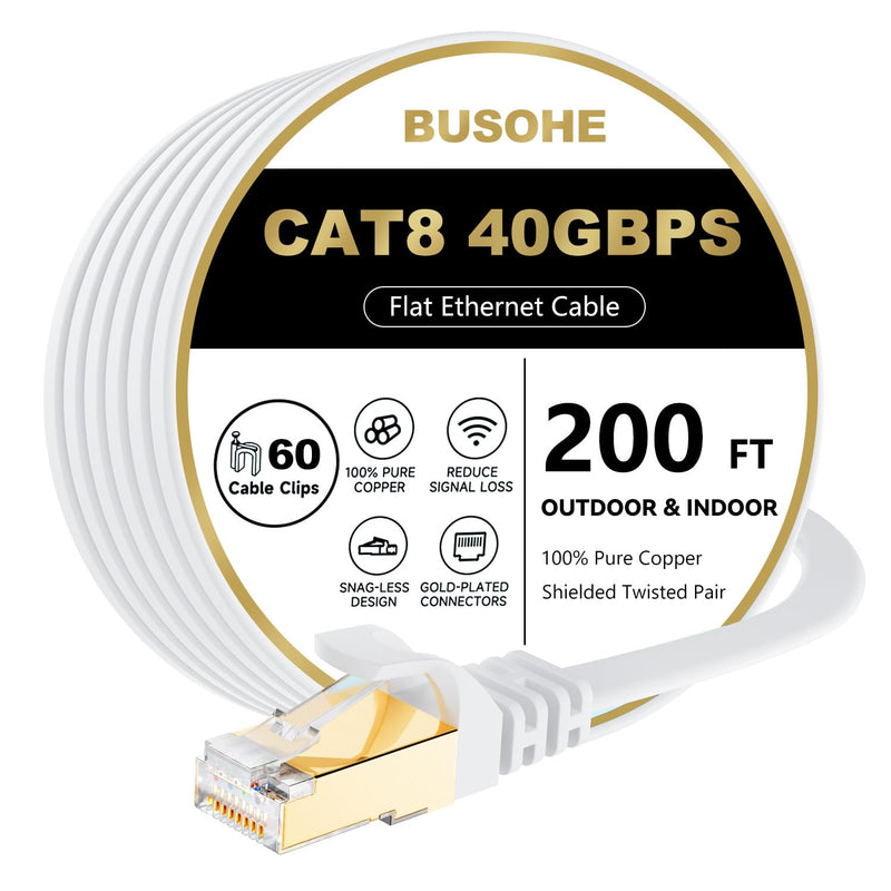 BUSOHE Cat 8 Ethernet Cable 200 FT, 40Gbps 2000Mhz High Speed Flat Cat8 Cable Patch Cord with Gold-Plated RJ45 Connector, LAN Network Internet Cable with 60 Clips for Router/Gaming/Computer, S/FTP 200FT 1