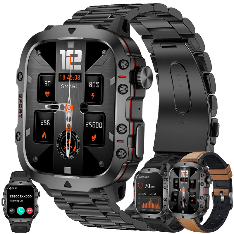 Military Smart Watch for Men(Answer/Dial Calls), 5ATM Waterproof Smartwatch Fitness Tracker for Android iPhone, 1.96" Activity Tracker with Heart Rate Sleep SpO2 Monitor, Calorie, 3 Straps (Brown) Brown