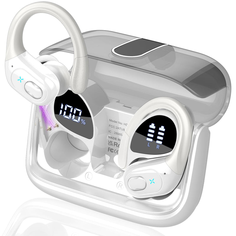 Wireless Earbuds 75H Bluetooth 5.4 Sport Headphones with Earhooks, White | IPX7 Waterproof In-ear Buds Feature ENC Noise Cancelling Mic & Deep Bass. Stereo Sound Device for Gym Running Workout