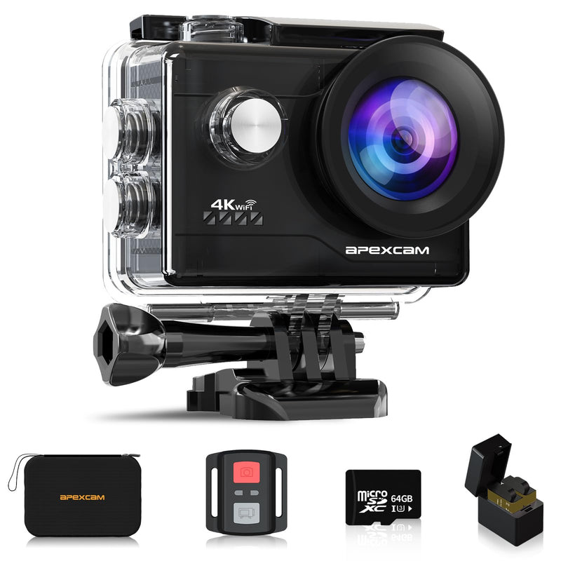 Apexcam Action Camera 4K with 64G SD Card Sports Camera 20MP 131FT Waterproof Underwater Camera 170°Wide-Angle WiFi Camera with 2.4G Remote Control, 2 Batteries, Mounting Accessories Kits M80AIR with SD CARD