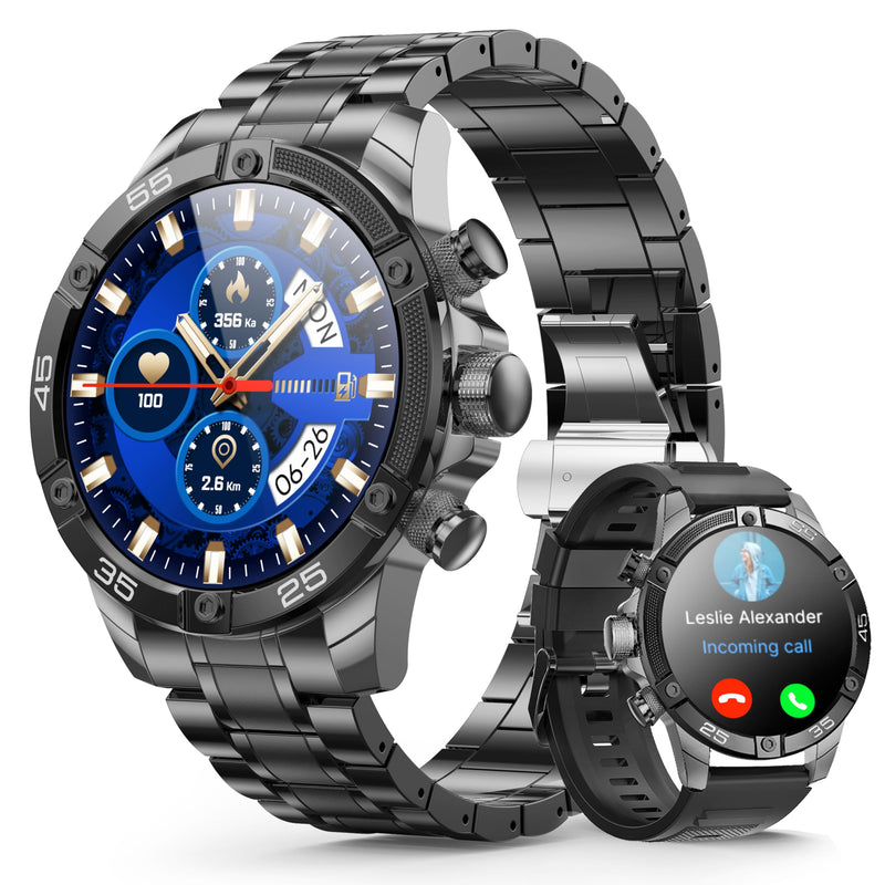 Men's Smart Watch Round HD 1.53" Gold Blue Smart Watches for Men, Multiple Sports Modes, Bluetooth Voice Call. Available for iOS and Android (Black Steel)
