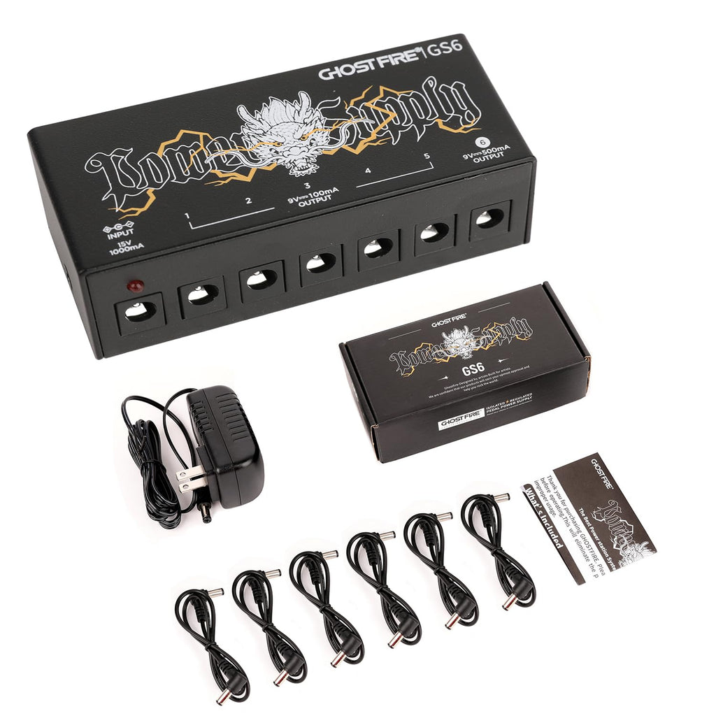 GHOSTFIRE GS10-SV2 GS6 Guitar Pedal Power Supply 9V/1000mA High Current for 9V/12V/18V Effect Pedals (GS6)