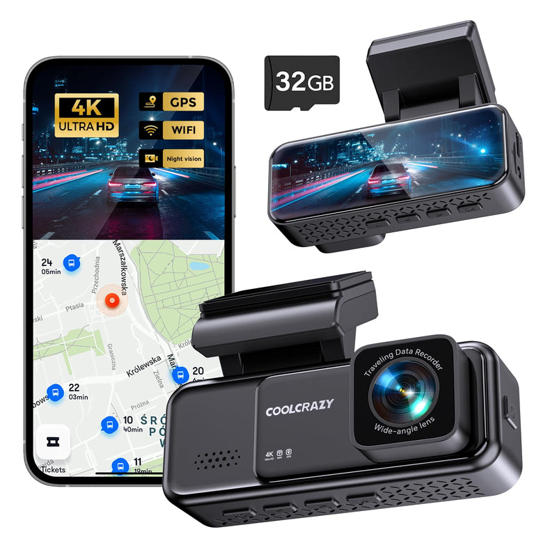 Dash Cam, COOLCRAZY 4K UHD Dash Camera for Cars Built-in GPS, 3.2" IPS Screen WiFi & App Dashcam, 24H Parking Mode, 170°Wide Angle Front Dashcams with 32G Card, WDR, Night Vision, G-Sensor