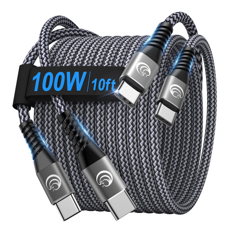 USBC to USBC 100W [10ft/2 Pack] USB C to USB C Fast Charging Cable Braided C to C Charger Cord 5A for MacBook Pro/Air, iPhone 15 Pro Max Plus,iPad Pro,Samsung Galaxy S24 Ultra S23,Pixel,PS5,Switch 10ft+10ft Grey