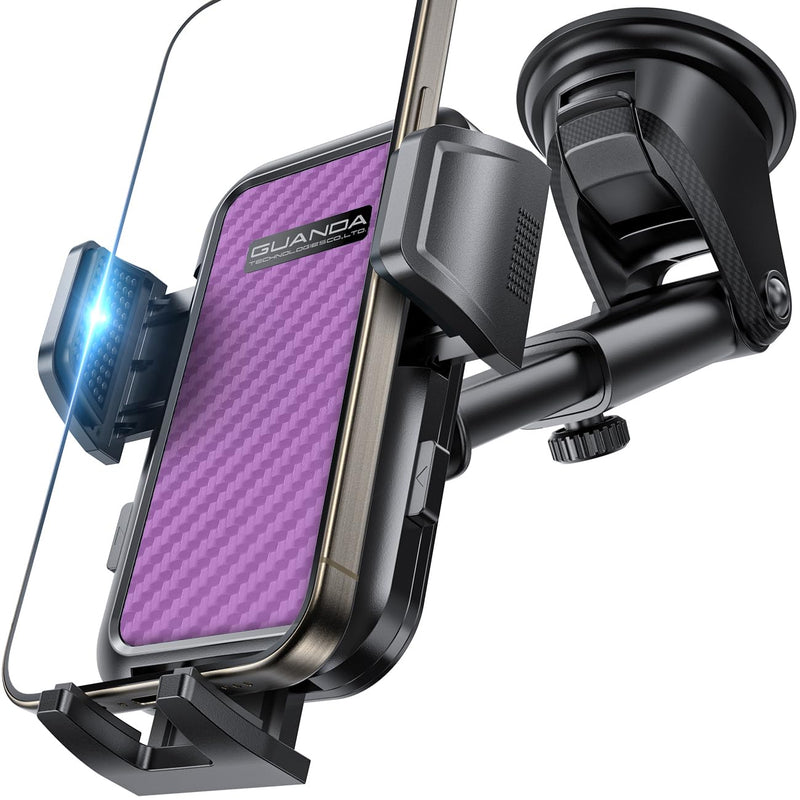 Air Vent Car Phone Holder, Anti-Vibration Grip, Wide Clamp, Metal Hook | Rotating smartphone cradle with one-press release and heat-resistant design; fits large phones with protective cases. Dash-Purple