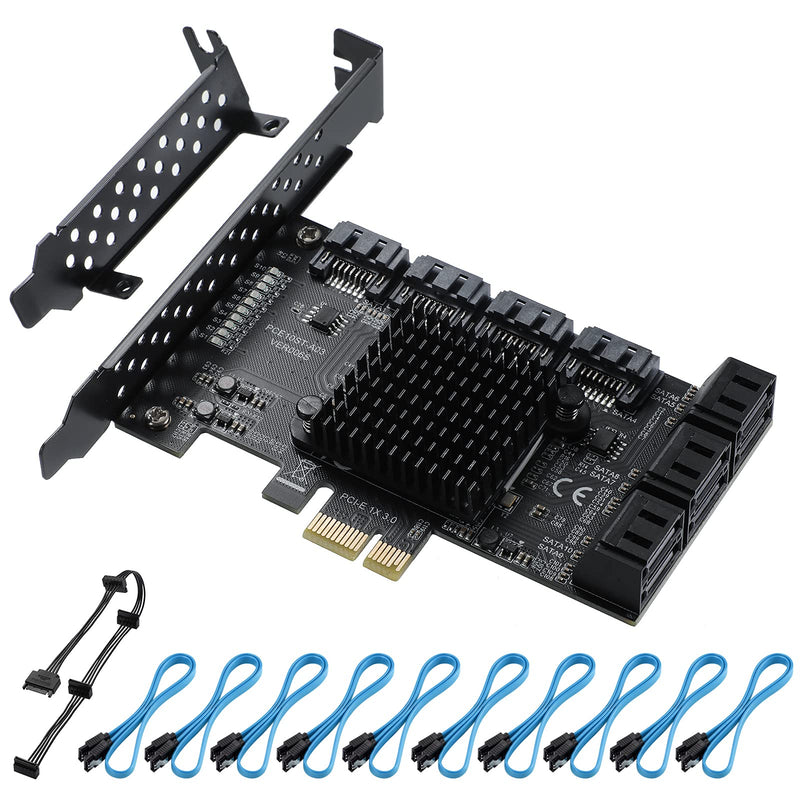 PCIE SATA 10Ports Card, PCI-E to SATA3.0 6Gbps, SATA Controller, PCI Express Expansion Card with 10 SATA Cable, Compatible with WIN8/WIN10/Ubuntu