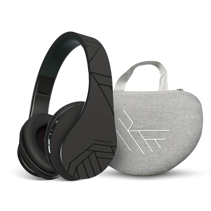 PowerLocus Bluetooth Headphones Over Ear, Foldable Headphones Wireless, Micro SD/TF, FM Radio for Travel/Tablets/PC (Black and Grey Carry Case)