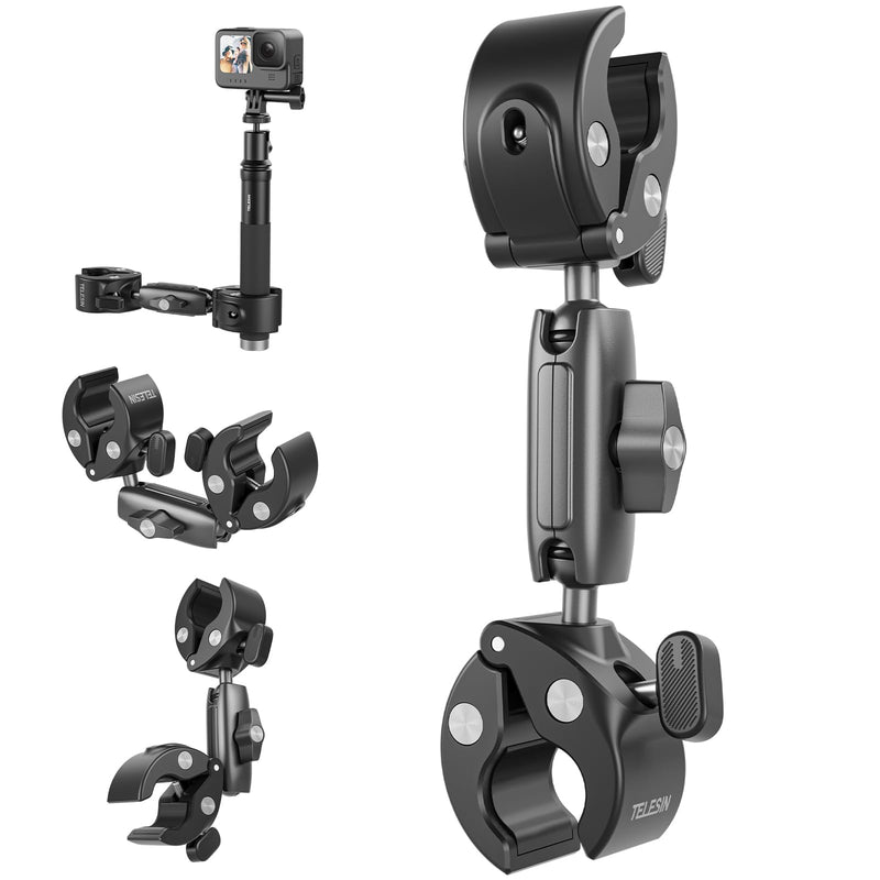 [AUSTRALIA] - TELESIN 360 Dual Ball Clamp Mount, Bike Bicycle Motorcycle Handlebar Stick Pole Mount Holder Accessories for DJI Osmo Action 6 /Osmo Nano/Osmo 360 /Osmo Action 5 Pro, Hero 13 12 11 10 9, Insta 360 X5 Metal Dual Ball 