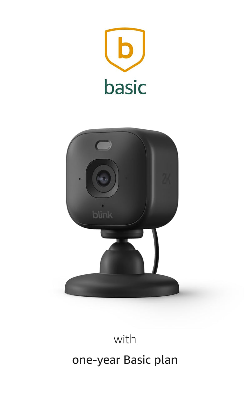 Blink Mini 2K+ (newest model) with 1-Year Basic plan – Plug-in Home & Pet Security Camera with 2K video resolution, color night vision, enhanced audio, motion detection – 1 camera (Black)