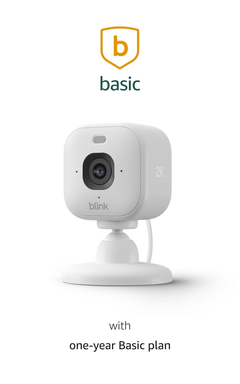 Blink Mini 2K+ (newest model) with 1-Year Basic plan – Plug-in Home & Pet Security Camera with 2K video resolution, color night vision, enhanced audio, motion detection – 1 camera (White)