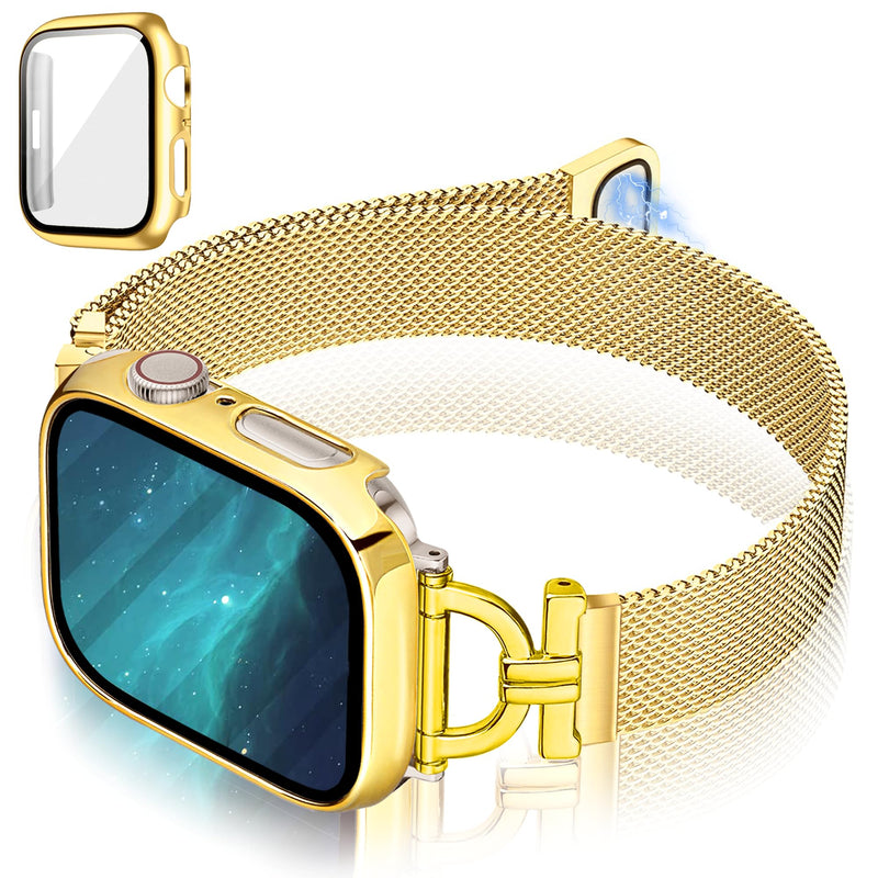 for Apple Watch Bands 41mm with Screen Protector Case, Stainless Steel Magnetic Clasp Apple Watch Bands for Women, with D-shaped Connector for iWatch Bands Series 9 8 7 (Gold, 41mm) C - Gold