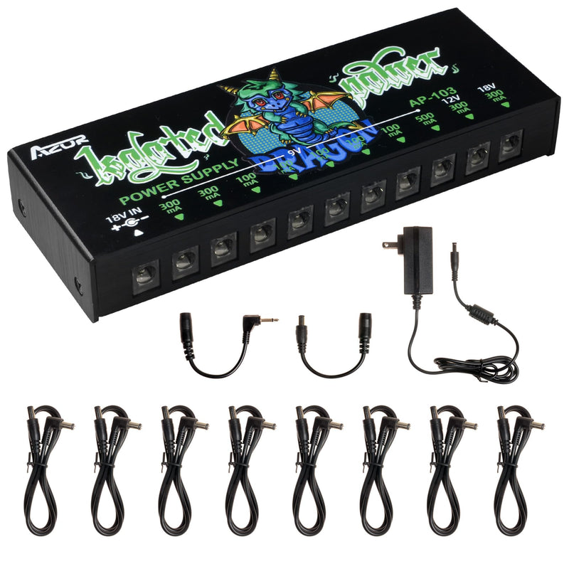 AZOR AP-103 Guitar Pedal Power Supply, True Isolated Pedalboard Power Supply with 10 Totally Isolated DC 9V/12V/18V Outputs(100mA/300mA/500mA), Noiselessly - Reliable Guitar Pedal Board Power Supply