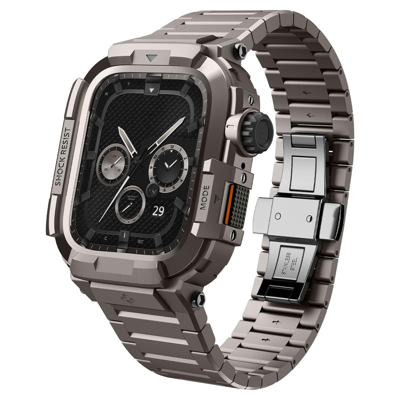 Spigen Metal Armor Pro for Apple Watch Series 9/8/7 45mm Band with Case | Durable Rugged Stainless Steel Protective Shockproof Cover with Strap, Gunmetal