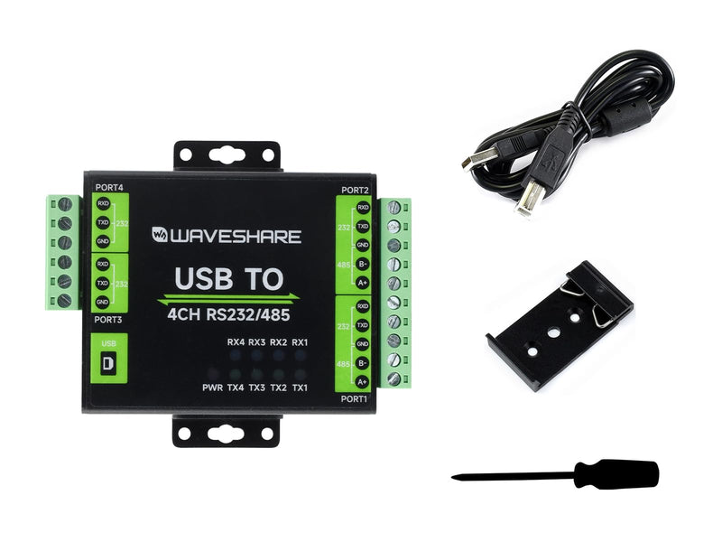 waveshare Industrial Isolated USB to RS232/485 Converter, Original FT4232HL Chip, Supports USB to 2-Ch RS232 + 2-Ch RS232/485, Wall-Mount & Rail-Mount Support