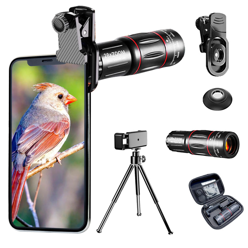 [AUSTRALIA] - 28x Optical Zoom HD Phone Camera Lens 5 in 1 Kit for iPhone and Android with Tripod + Telephone Zoom Lens + Lens Cover + Clips, Support Hand-held, Eye View, Spot Shooting, 4K HD Telephoto 