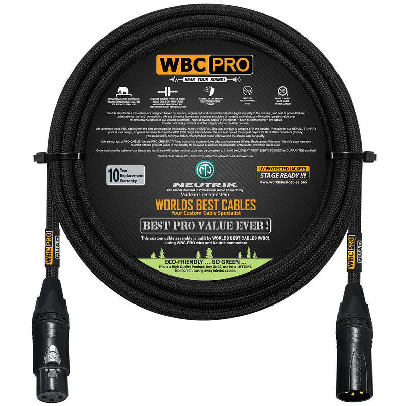 8 Foot - WBC-PRO-Quad Ultra-Silent Ultra-Flexible Balanced Star-Quad Cable with Neutrik Male & Female XLR Plugs & Black Tweed Jacket