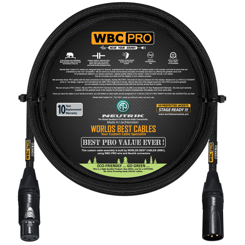 4 Foot - WBC-PRO-Quad Ultra-Silent Ultra-Flexible Balanced Star-Quad Cable with Neutrik Male & Female XLR Plugs & Black Tweed Jacket