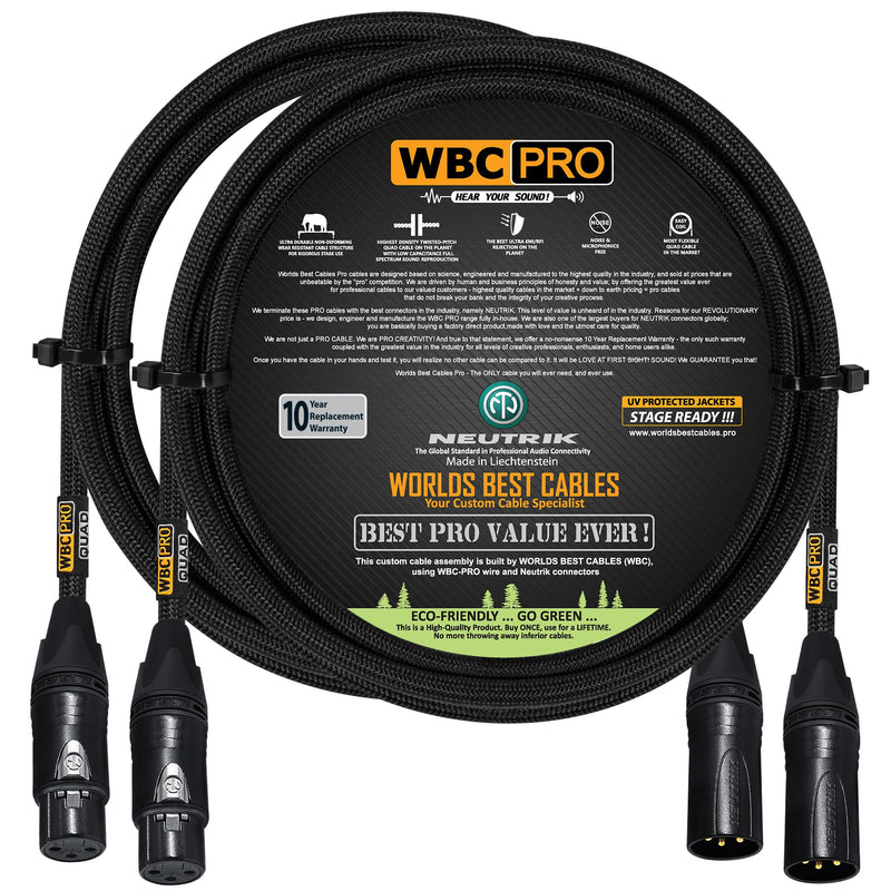 2 Units - 2 Foot - WBC-PRO-Quad Ultra-Silent Ultra-Flexible Balanced Star-Quad Cable with Neutrik Male & Female XLR Plugs & Black Tweed Jacket