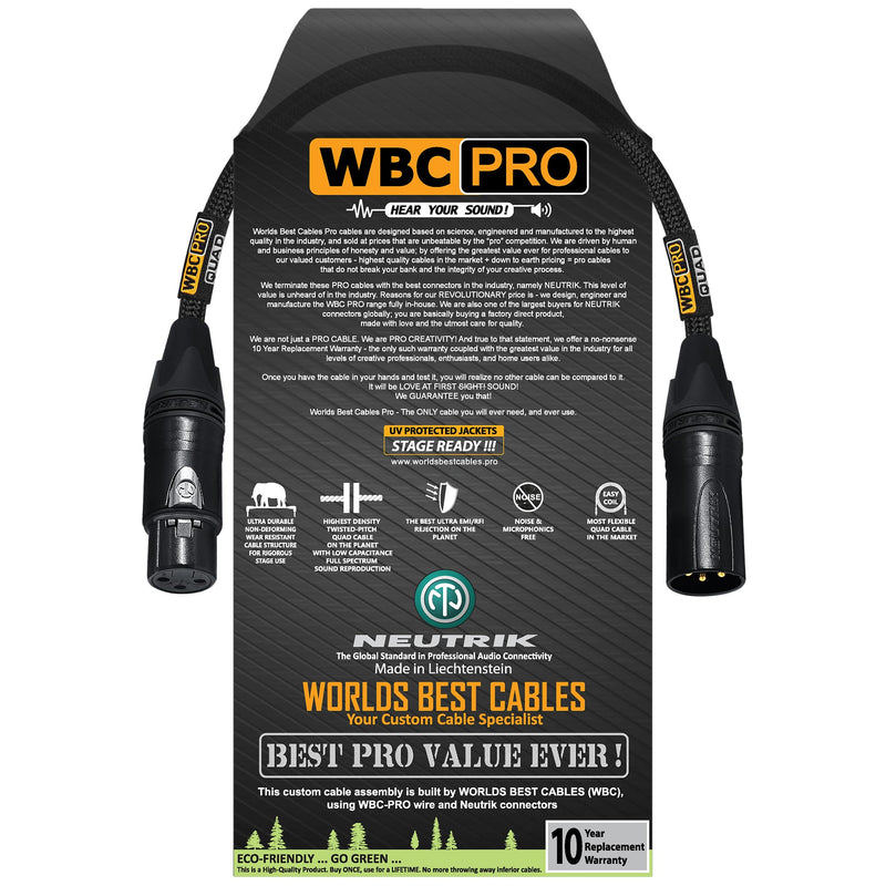 1 Foot - WBC-PRO-Quad Ultra-Silent Ultra-Flexible Balanced Star-Quad Cable with Neutrik Male & Female XLR Plugs & Black Tweed Jacket