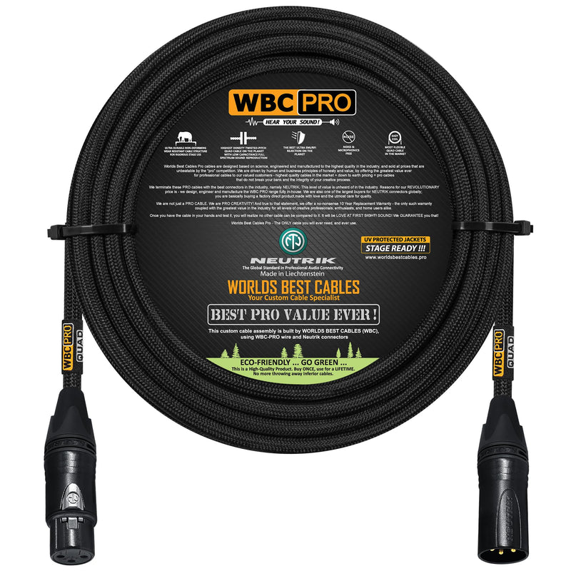18 Foot - WBC-PRO-Quad Ultra-Silent Ultra-Flexible Balanced Star-Quad Cable with Neutrik Male & Female XLR Plugs & Black Tweed Jacket