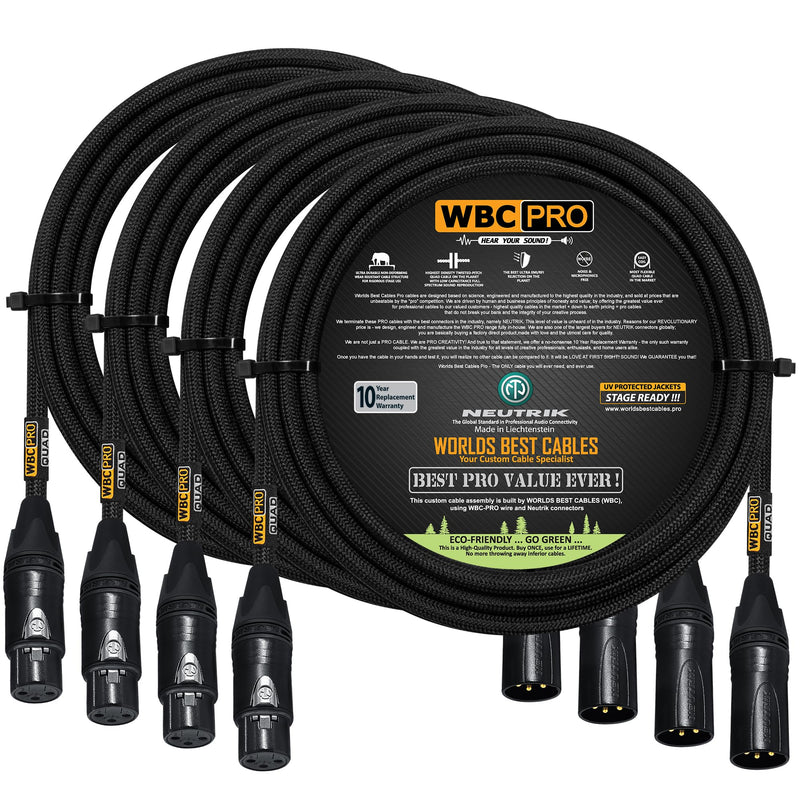 4 Units - 10 Foot - WBC-PRO-Quad Ultra-Silent Ultra-Flexible Balanced Star-Quad Cable with Neutrik Male & Female XLR Plugs & Black Tweed Jacket