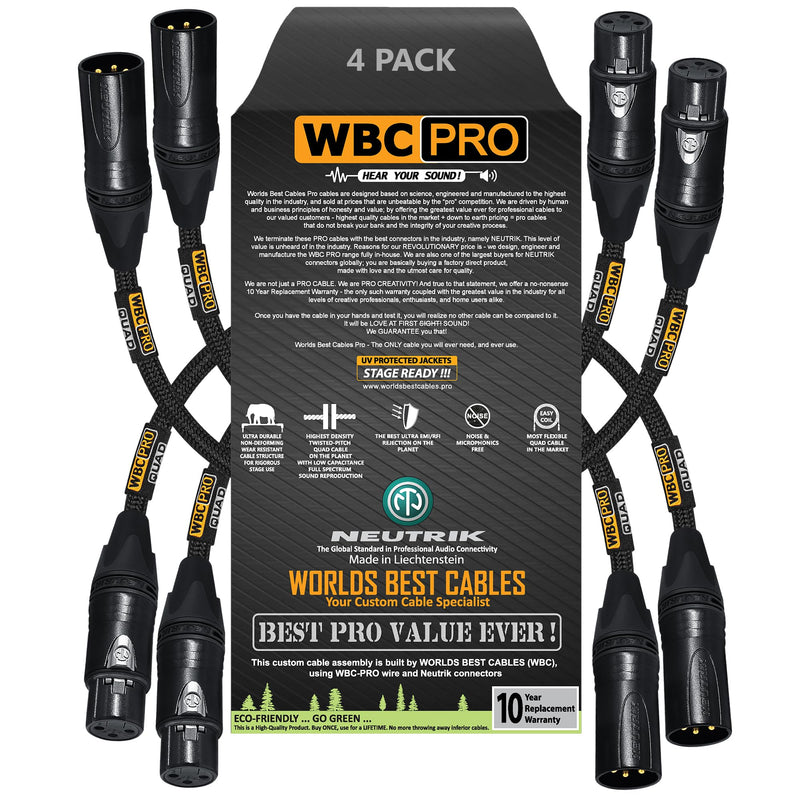 4 Units - 1.5 Foot - WBC-PRO-Quad Ultra-Silent Ultra-Flexible Balanced Star-Quad Cable with Neutrik Male & Female XLR Plugs & Black Tweed Jacket