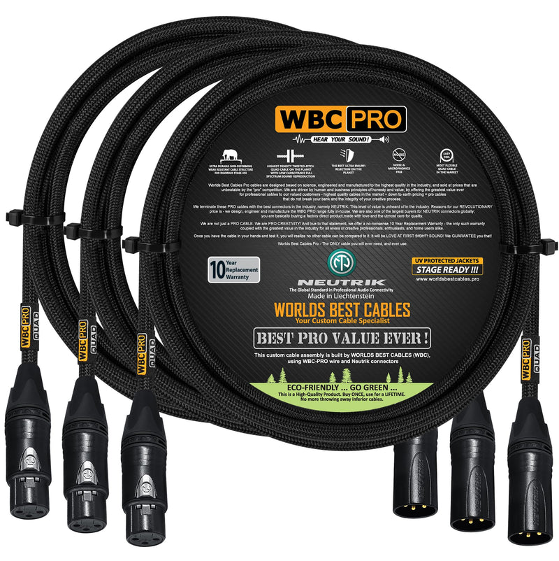 3 Units - 4 Foot - WBC-PRO-Quad Ultra-Silent Ultra-Flexible Balanced Star-Quad Cable with Neutrik Male & Female XLR Plugs & Black Tweed Jacket