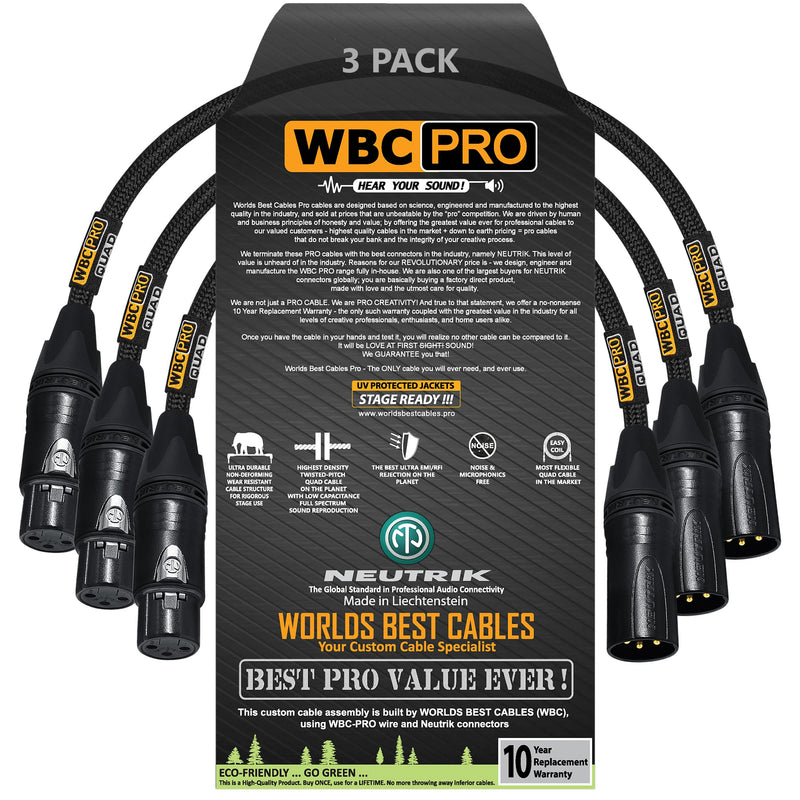 3 Units - 1.5 Foot - WBC-PRO-Quad Ultra-Silent Ultra-Flexible Balanced Star-Quad Cable with Neutrik Male & Female XLR Plugs & Black Tweed Jacket