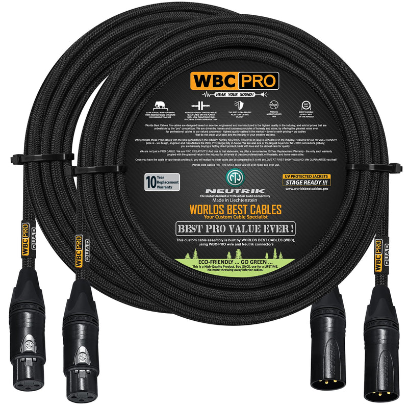 2 Units - 20 Foot - WBC-PRO-Quad Ultra-Silent Ultra-Flexible Balanced Star-Quad Cable with Neutrik Male & Female XLR Plugs & Black Tweed Jacket
