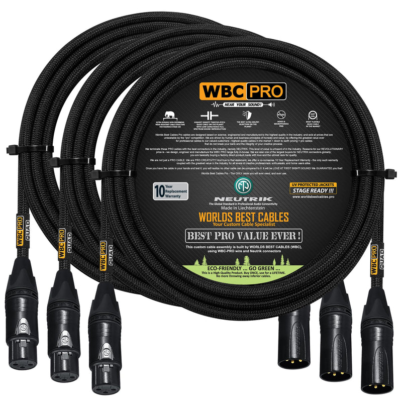 3 Units - 10 Foot - WBC-PRO-Quad Ultra-Silent Ultra-Flexible Balanced Star-Quad Cable with Neutrik Male & Female XLR Plugs & Black Tweed Jacket