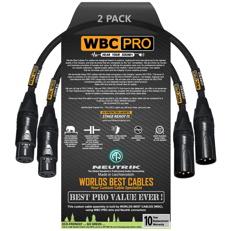 2 Units - 1.5 Foot - WBC-PRO-Quad Ultra-Silent Ultra-Flexible Balanced Star-Quad Cable with Neutrik Male & Female XLR Plugs & Black Tweed Jacket