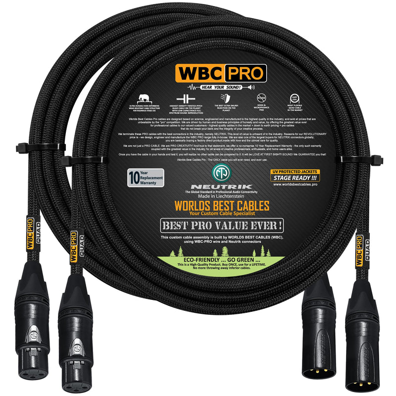 [AUSTRALIA] - 2 Units - 8 Foot - WBC-PRO-Quad Ultra-Silent Ultra-Flexible Balanced Star-Quad Cable with Neutrik Male & Female XLR Plugs & Black Tweed Jacket 