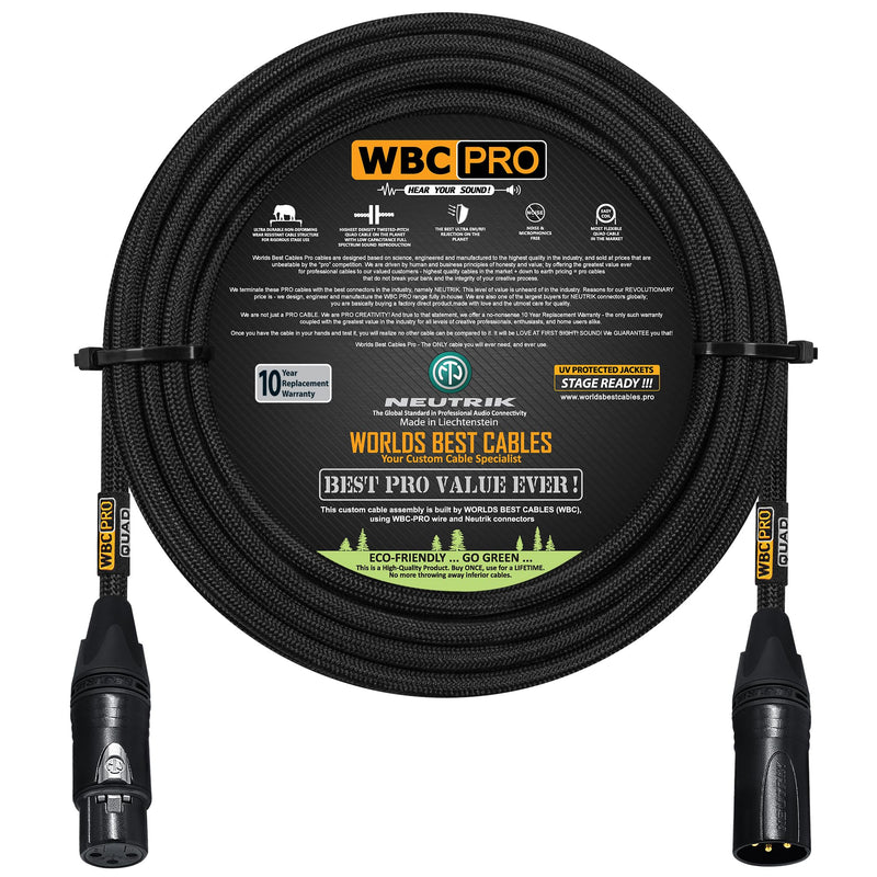 20 Foot - WBC-PRO-Quad Ultra-Silent Ultra-Flexible Balanced Star-Quad Cable with Neutrik Male & Female XLR Plugs & Black Tweed Jacket